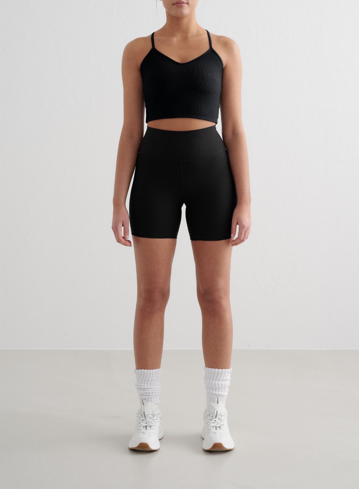 Black Ribbed Performance Midi Biker Shorts